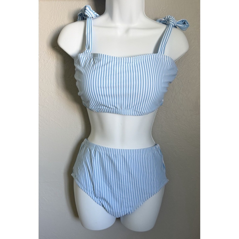 Herseas Bikini Swimsuit Set Womens Medium Blue Stripe Bralette High Waist NEW!